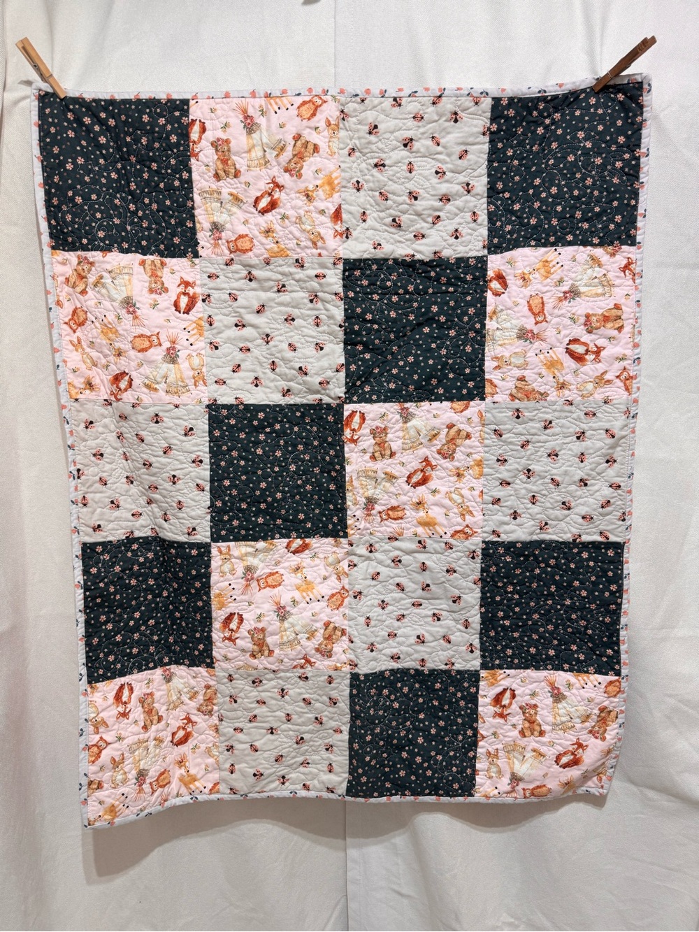 Girls Baby Quilt Nursery Wall Hanging Crib Throw 40”x31” Forest Animals